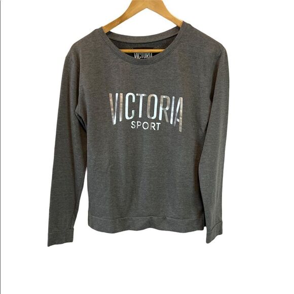 NWOT VICTORIA SECRETSport Grey Metallic Graphic Fleece Lined Pullover Sweatshirt - Picture 1 of 8